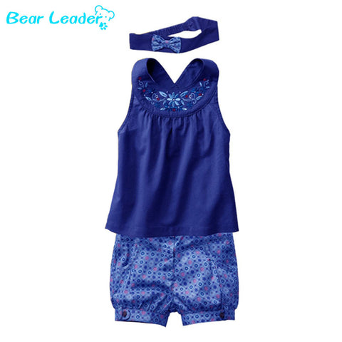 Bear Leader Fashion Blue Baby Vestidos Suits/Baby Kerchief+ Sleeveless Dress+ Gingham Plaid Pant/  Baby Clothing 2016 New - Appu & Appi