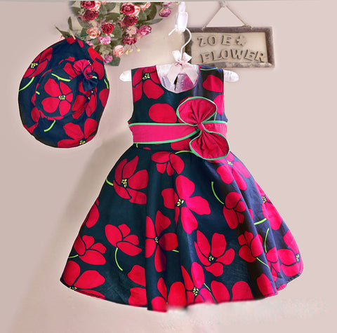 New Summer Baby Girls Floral Dress with cap European Style Designer Bow Children Dresses Kids Clothes 3-8Y - Appu & Appi